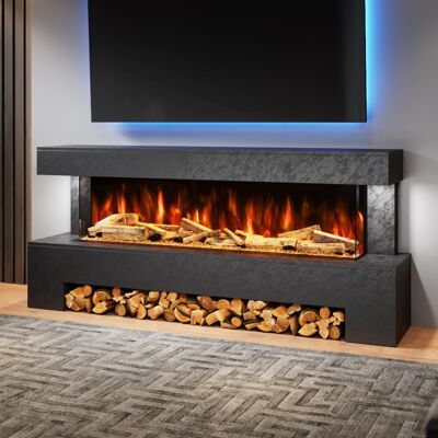 Evolution Fires Angelo Freestanding Electric Fireplace Suite 1500mm 3-Sided LED Fire with Black Stone Effect Ideal for Feature Walls Black 83cm H X 195cm W X 41cm D Evolution Fires Angelo Freestanding Electric Fireplace Suite 1500mm 3-Sided LED Fire with Black Stone Effect Ideal for Feature Walls Black 83cm H X 195cm W X 41cm D