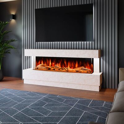 Evolution Fires Raphael Freestanding Electric Fireplace Suite Textured Stone Effect 1500mm 3-Sided Led Electric Fire with Panoramic Flame Remote & App Control Pearl 88cm H X 195cm W X 41cm D Evolution Fires Raphael Freestanding Electric Fireplace Suite Textured Stone Effect 1500mm 3-Sided Led Electric Fire with Panoramic Flame Remote & App Control Pearl 88cm H X 195cm W X 41cm D