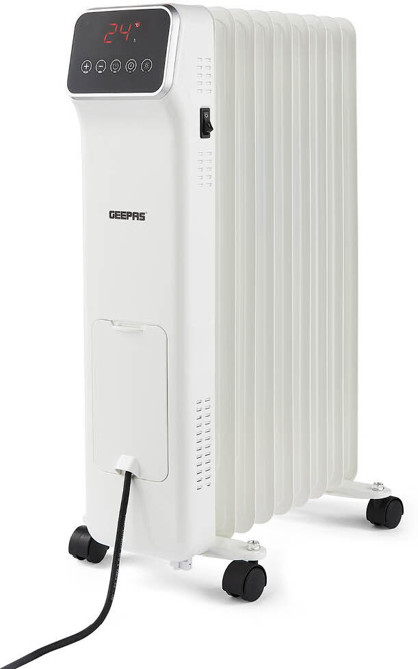 Geepas Digital Oil Filled Radiator Heater Portable Electric Heater with Remote & LED Display 3 Heat Modes 9Hr Timer Adjustable Thermostat Energy E White 61"H x 14"W x 36"D
