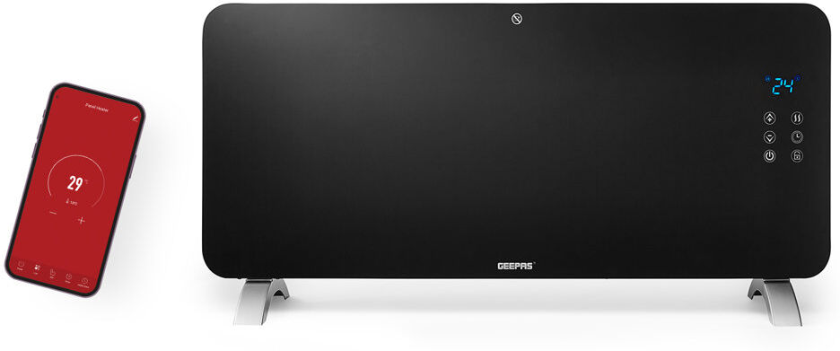 Geepas Electric Glass Panel Heater 2000W Wall Mounted or Freestanding Smart Convector Heater with WiFi App LED Touchscreen Control Child Lock IP24 Black 47cm H X 13cm W X 96.5cm D