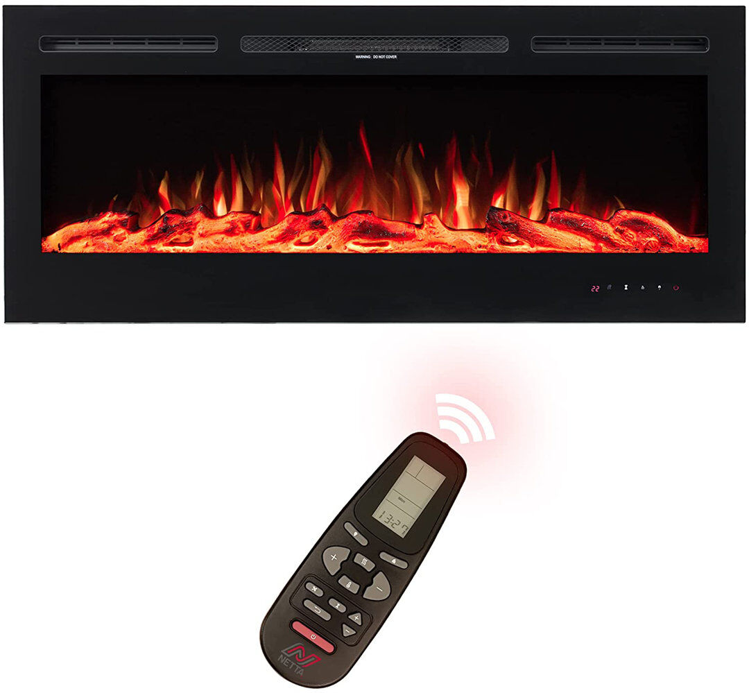 NETTA Electric Fireplace With Glass Panel & Colourful Flame, Wall Mountable Heater With Remote Control & Weekly Timer - 60 Inch Glass 54.4cm H x 152cm W x 14cm D