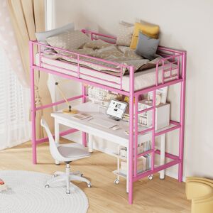 Isabelle & Max Metal Single Size Loft Bed, Metal Bed Frame with Removable Ladder and Safety Guardrail, Space Saving Pink 182cm H X 90cm W X 196.3cm L