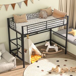 Isabelle & Max Metal Single Size Loft Bed, Metal Bed Frame with Removable Ladder and Safety Guardrail, Space Saving Black 182cm H X 90cm W X 196.3cm L