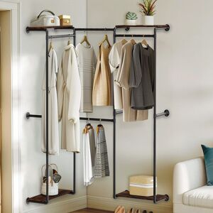 Borough Wharf 185cm W Wall Mounted Industrial Pipe Clothes Rack Black;Brown