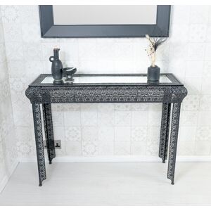 Rosdorf Park Onaga Embossed Metal & Glass Moroccan Style Console Table Black 75cm H X 102cm W X 33cm D Rosdorf Park Onaga Embossed Metal & Glass Moroccan Style Console Table Black 75cm H X 102cm W X 33cm D