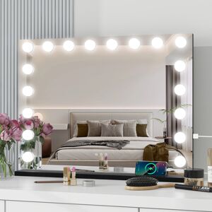 17 Stories Makeup Mirror with 3 Color Lights, 80×63cm Large Lighted Vanity Mirror with 18 Dimmable LED Bulbs Black 17 Stories Makeup Mirror with 3 Color Lights, 80×63cm Large Lighted Vanity Mirror with 18 Dimmable LED Bulbs Black