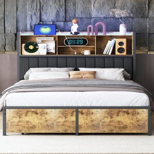 Metro Industrial Metal & Wood Storage Bed With LED Lights, USB & Type-C Ports, 2 Drawer Black;Brown European Kingsize (160 x 200 cm) Metro Industrial Metal & Wood Storage Bed With LED Lights, USB & Type-C Ports, 2 Drawer Black;Brown European Kingsize (160 x 200 cm)