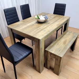 17 Stories Wooden Dining Table Set for 6 Rustic Effect Table With 4 Leather Chairs and 1 Bench Black 6 17 Stories Wooden Dining Table Set for 6 Rustic Effect Table With 4 Leather Chairs and 1 Bench Black 6