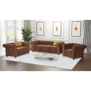 ClassicLiving Chesterfield Friedrich Sofa Set 3+2+1 Made of Vintage Look Microfibre with Solid Wood Legs Brown 3 ClassicLiving Chesterfield Friedrich Sofa Set 3+2+1 Made of Vintage Look Microfibre with Solid Wood Legs Brown 3