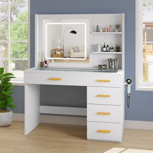 Metro 5-Drawer Dressing Table With Mirror, Makeup Vanity Table With LED Lights & Power Hub & Glass Tabletop, White, 100X40x140 Cm White 140cm H X 100cm W X 40cm D Metro 5-Drawer Dressing Table With Mirror, Makeup Vanity Table With LED Lights & Power Hub & Glass Tabletop, White, 100X40x140 Cm White 140cm H X 100cm W X 40cm D