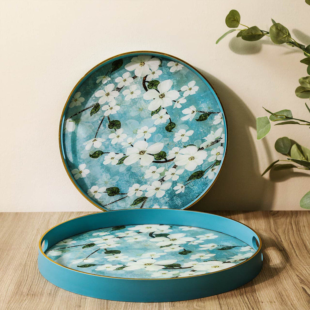 Fairmont Park Akasya 2 piece Glass Decoration Tray for Living Room Decor, Agate Design Round Plastic Serving Tray White/Blue 42cm W X 42cm D X 4cm H