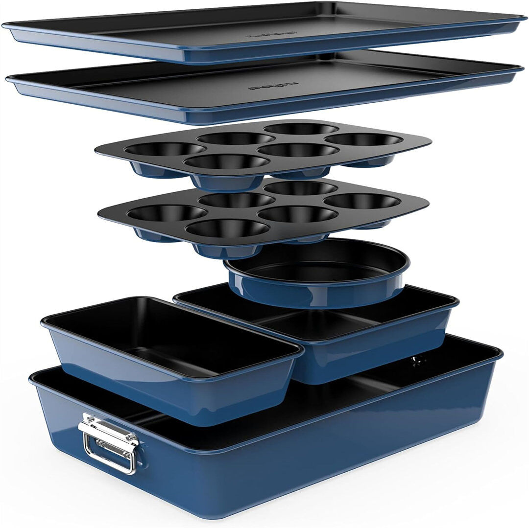 Ebern Designs Olegario 8 Piece Non-Stick Steel Bakeware Set Blue 8