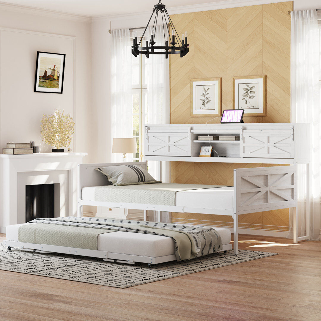 August Grove Pull Out 3-in-1 Convertible Sofa Bed With Storage And Sockets White 109cm H X 107cm W X 206cm L