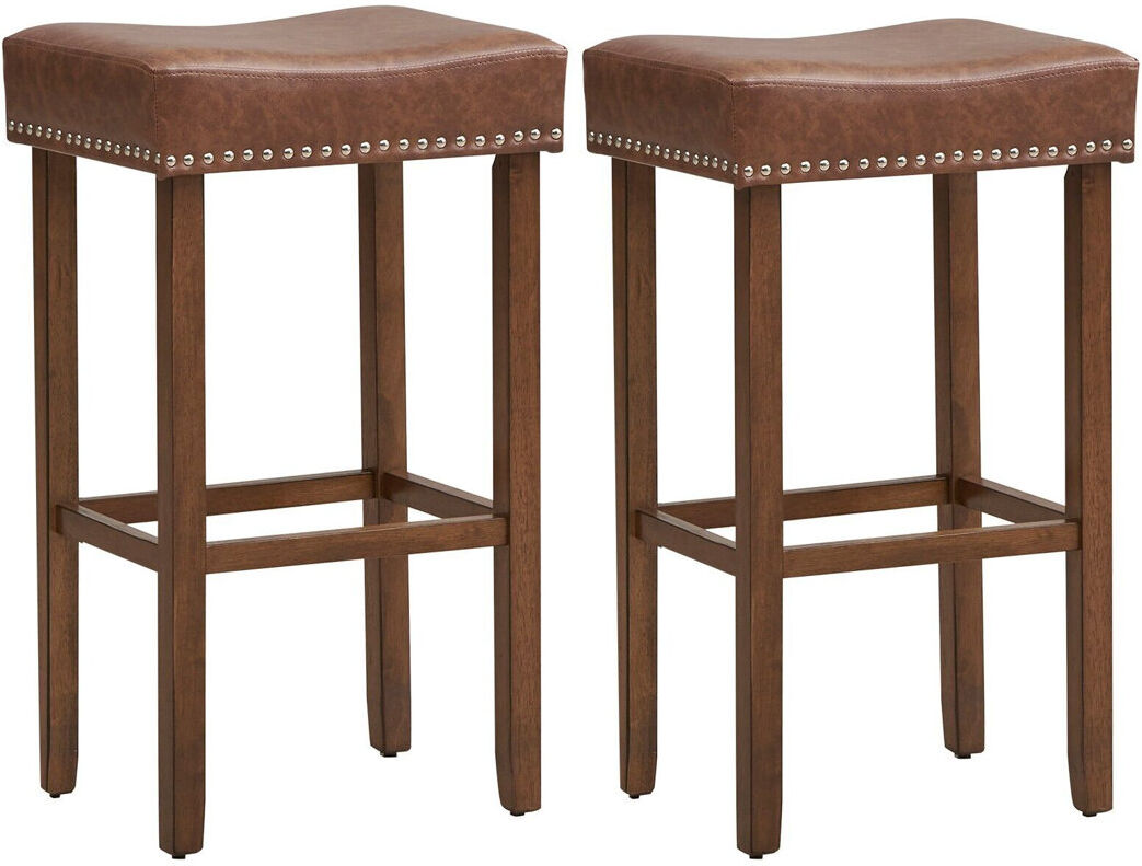 Lark Manor Set Of 2 Bar Stools Upholstered Counter Height Saddle Stools PU Leather Brown 74cm