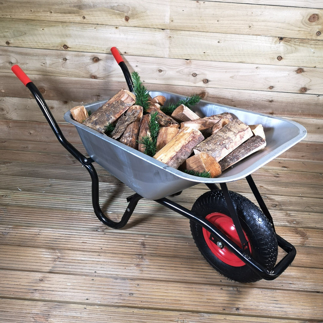 90 Litre 150kg Capacity Heavy Duty Galvanised Samuel Alexander Metal Garden Wheelbarrow with Pneumatic Tyre Silver 61cm H X 135cm W X 57cm D