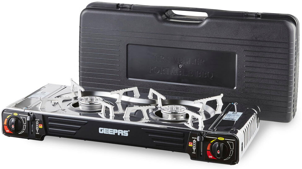 Geepas Portable Camping Gas Stove, Double Burner – BBQ Cooker, Outdoor Grill Plate – Automatic Ignition System, Butane Can - BBQ Caravan Outdoor Silver 2