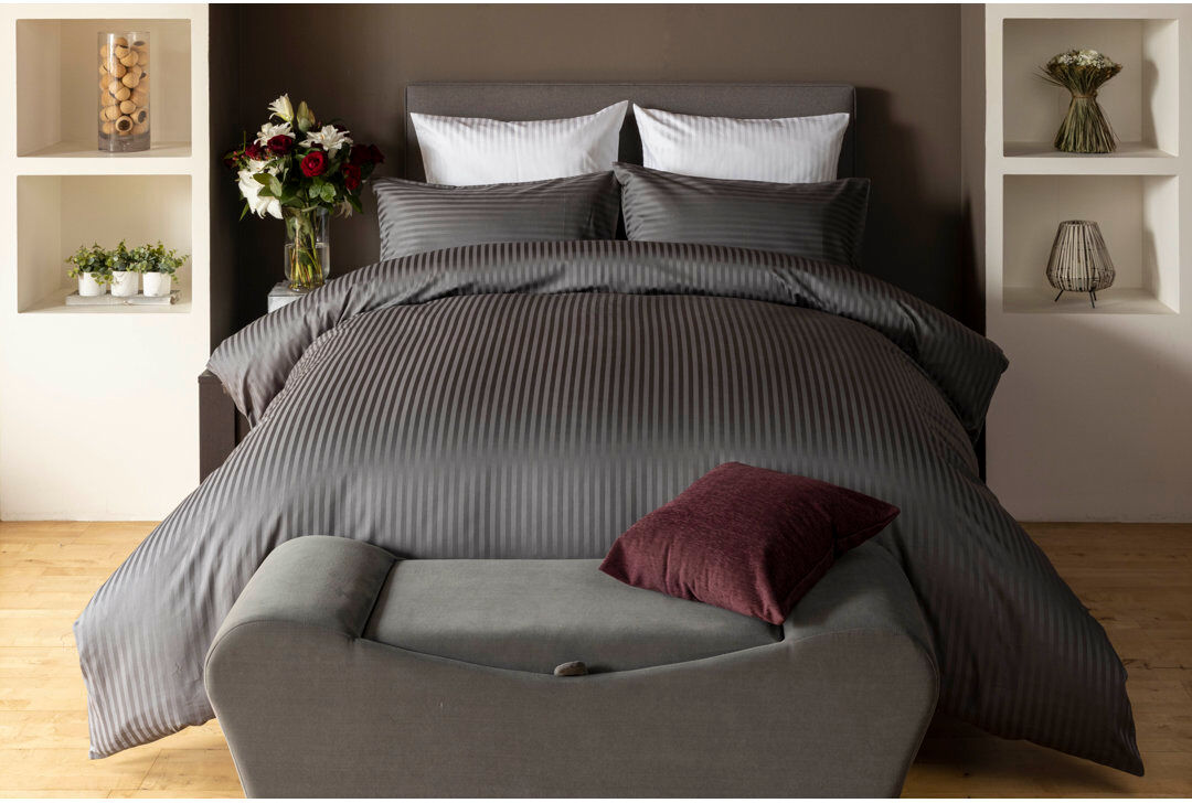 Belledorm 7 Piece Hotel Suite Satin Stripe Bedding Set Charcoal Super King