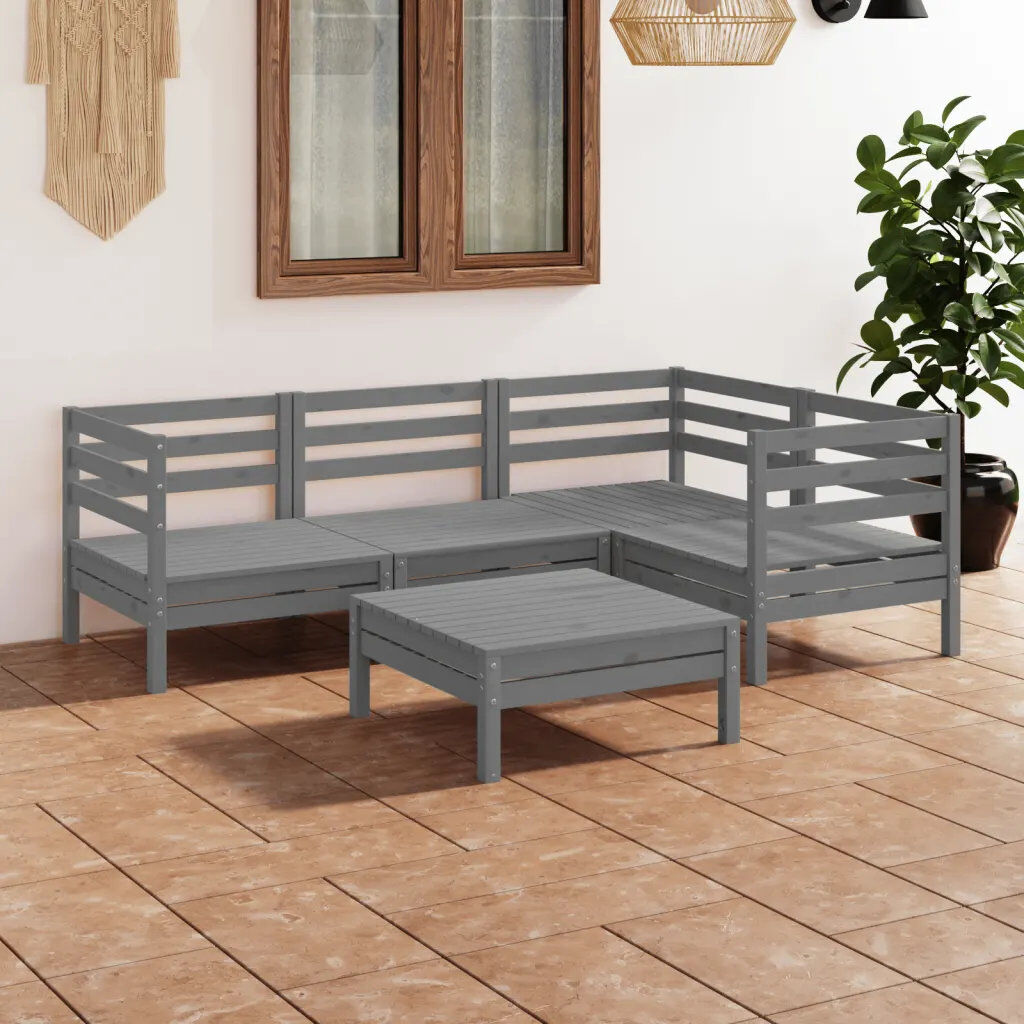 Brayden Studio Anjalie Garden Lounge Set Outdoor Furniture Set Sofa 5 Piece Solid Pinewood Grey