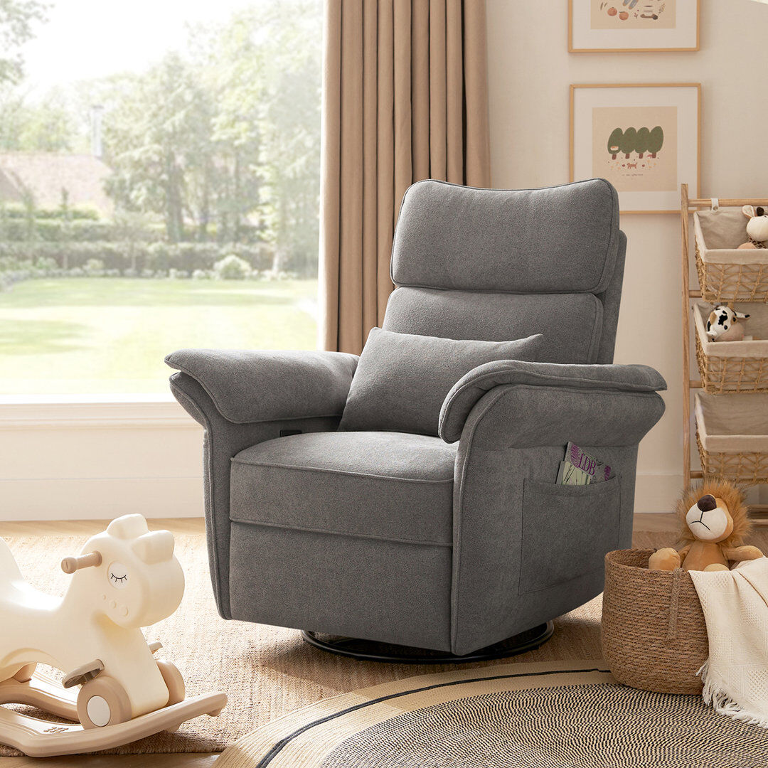 Ebern Designs Beckette Modern Swivel Glider Nursery Power Recliner With Adjustable Headrest Grey 113.67cm H X 102.87cm W X 94.62cm D