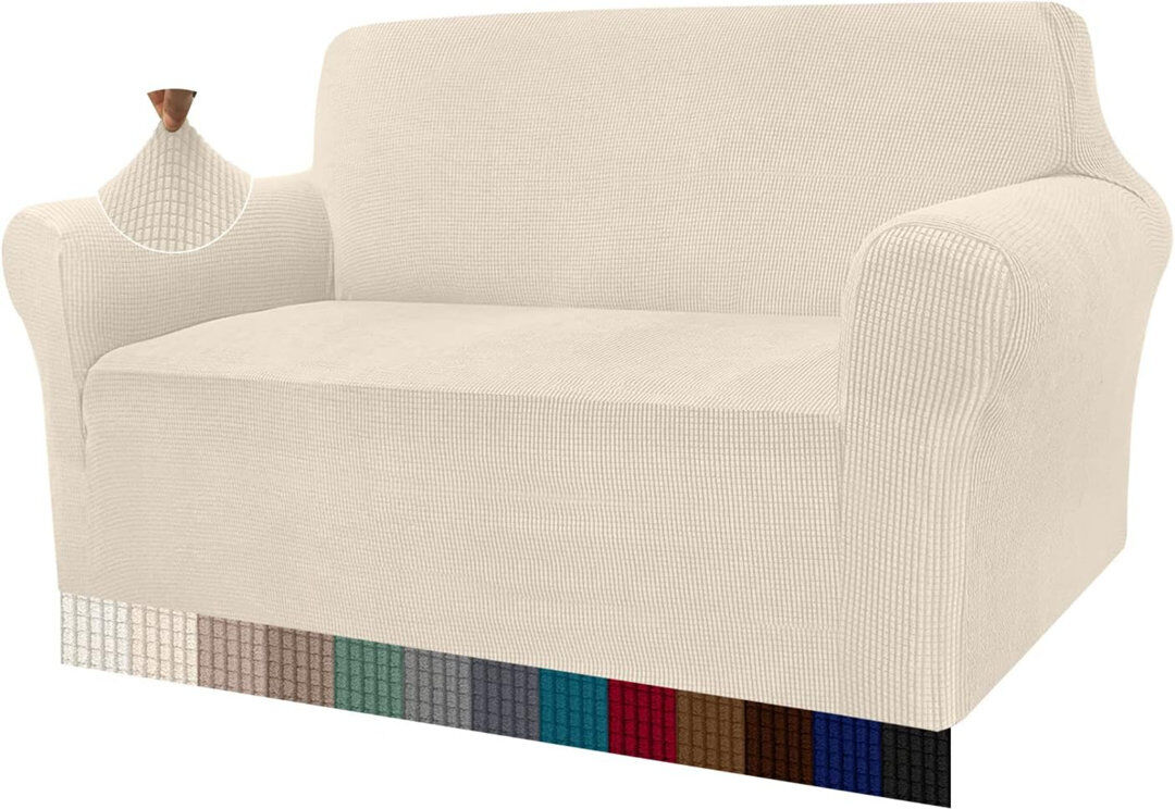 Ebern Designs High Stretch Sofa Covers 3 Seater Super Soft Stylish Couch Covers For Dogs Pets Cats Jacquard Spandex Non Slip Sofa Slipcover For Living Room Furnitur Beige 107" H x 178" W x 104" D