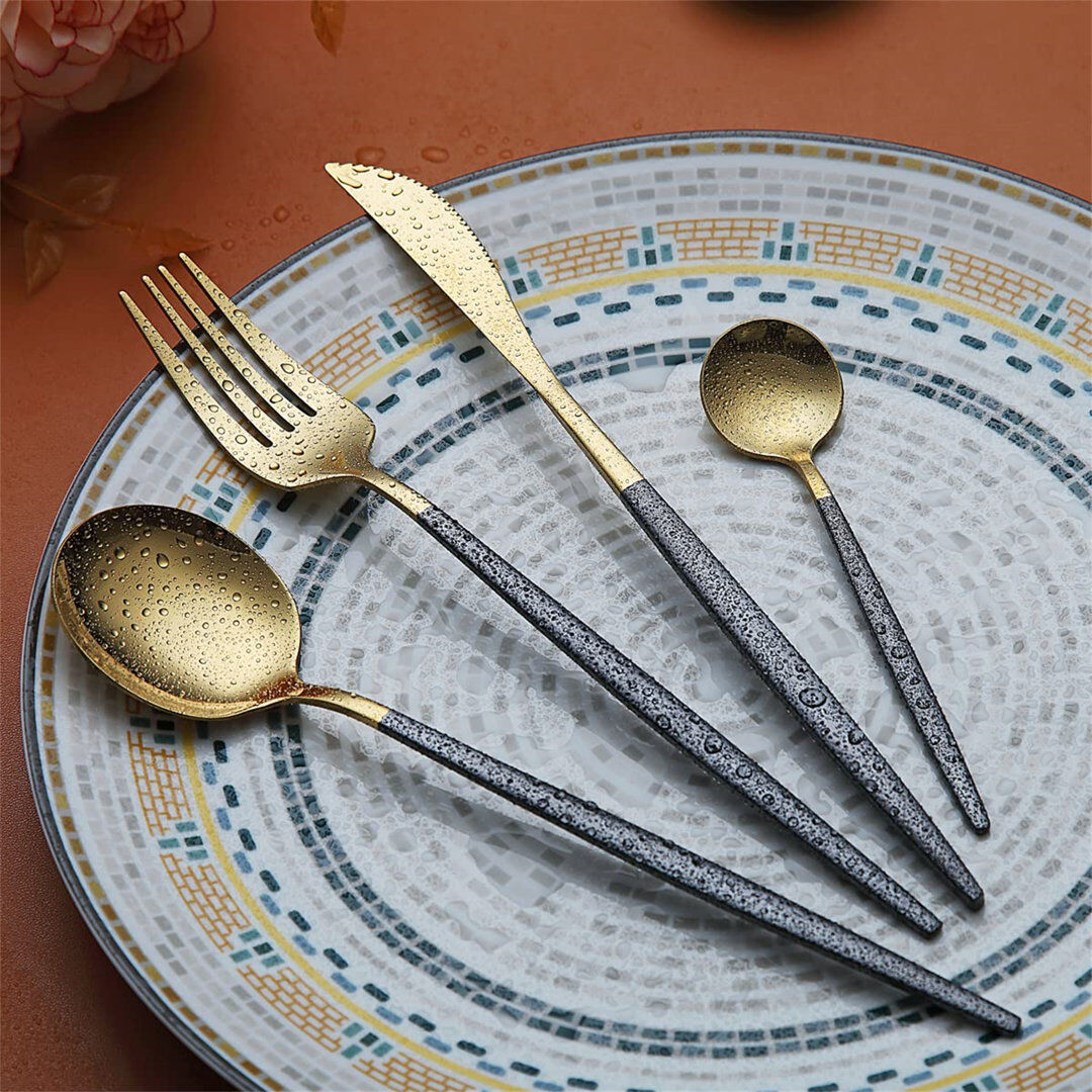 Canora Grey Cutlery Set 24 Pieces With Moon Surface Black Handle And Shiny Gold Mouth Titanium Coating Stainless Steel Modern Cutlery Set Utensils Set,Dishwasher Black 24