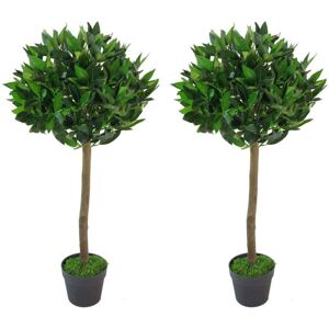 90cm Leaf Design UK Pair of Artificial Bay Topiary Ball Trees Green 90cm H X 45cm W X 45cm D