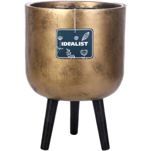 HORTICO Metallic Concrete Effect Cylinder Round Planter on Hardwood Legs, Round Indoor Plant Pot Stand for Indoor Plants, Indoor Flower Pot Gold 43cm H x 30cm W x 30cm D