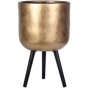 HORTICO Metallic Concrete Effect Cylinder Round Planter on Hardwood Legs, Round Indoor Plant Pot Stand for Indoor Plants, Indoor Flower Pot Gold 61cm H x 37cm W x 37cm D