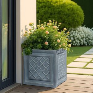 HORTICO Leaden Grey Lattice Square Planter, Frostproof Outdoor Plant Pot, Vintage Style Flower Box, Square Garden Planter with Drainage Holes Grey 45 cm H x 45 cm W x 45 cm D HORTICO Leaden Grey Lattice Square Planter, Frostproof Outdoor Plant Pot, Vintage Style Flower Box, Square Garden Planter with Drainage Holes Grey 45 cm H x 45 cm W x 45 cm D