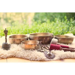 Ebern Designs Singing Bowl And Other Religious Tibetan Musical Instruments brown/green 51.0 H x 76.0 W x 3.8 D cm