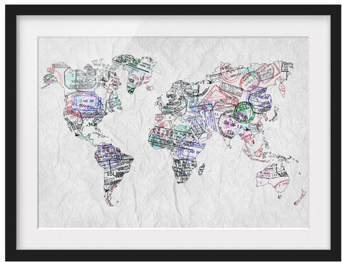 East Urban Home Passport Stamp World Map Framed Graphic Art Print East Urban Home Size: 40cm H x 55cm W, Frame Options: Matt black  - Size: 50cm H x 70cm W East Urban Home Passport Stamp World Map Framed Graphic Art Print East Urban Home Size: 40cm H x 55cm W, Frame Options: Matt black  - Size: 50cm H x 70cm W