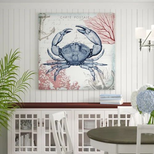Beachcrest Home 'Seaside Postcard Crab II' by Tre Sorelle Studios Graphic Art Print on Wrapped Canvas Beachcrest Home Size: 121.92cm H x 121.92cm W  - Size: Rectangle 152 x 244cm