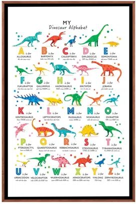 Isabelle & Max Bright Dinosaur Alphabet - Graphic Art Print on Canvas Isabelle & Max Format: Classic Brown Wood Framed, Size: 101.6cm H x 66.04cm W x 3.81cm D  - Size: Small