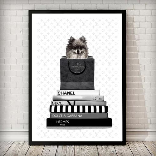East Urban Home 'Pomeranian Dog Hermes Bag and Books' Framed Graphic Art Print in Black/White/Grey East Urban Home Size: 70 cm H x 50 cm W, Frame Options: White  - Size: 33 cm H x 43 cm W East Urban Home 'Pomeranian Dog Hermes Bag and Books' Framed Graphic Art Print in Black/White/Grey East Urban Home Size: 70 cm H x 50 cm W, Frame Options: White  - Size: 33 cm H x 43 cm W