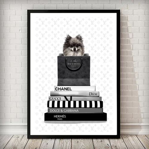 East Urban Home 'Pomeranian Dog Hermes Bag and Books' Framed Graphic Art Print in Black/White/Grey East Urban Home Size: 70 cm H x 50 cm W, Frame Options: White  - Size: 33 cm H x 43 cm W