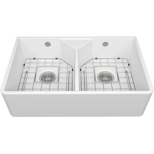 Bocchi Arno 80D 2.0Bowl Ceramic Kitchen Sink, with Waste, Bottom Grid-795x490mm Matte White 795mm L X 490mm W Bocchi Arno 80D 2.0Bowl Ceramic Kitchen Sink, with Waste, Bottom Grid-795x490mm Matte White 795mm L X 490mm W
