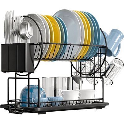 Belfry Kitchen Aymond Stainless Steel Two Tier Dish Rack Black 37cm H X 38.5cm W X 23.5cm D Belfry Kitchen Aymond Stainless Steel Two Tier Dish Rack Black 37cm H X 38.5cm W X 23.5cm D