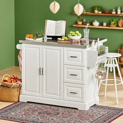 Marlow Home Co. Dyri 130 cm W Stainless Steel Top Kitchen Island with Wheels White 91cm H X 130cm W X 71cm D Marlow Home Co. Dyri 130 cm W Stainless Steel Top Kitchen Island with Wheels White 91cm H X 130cm W X 71cm D