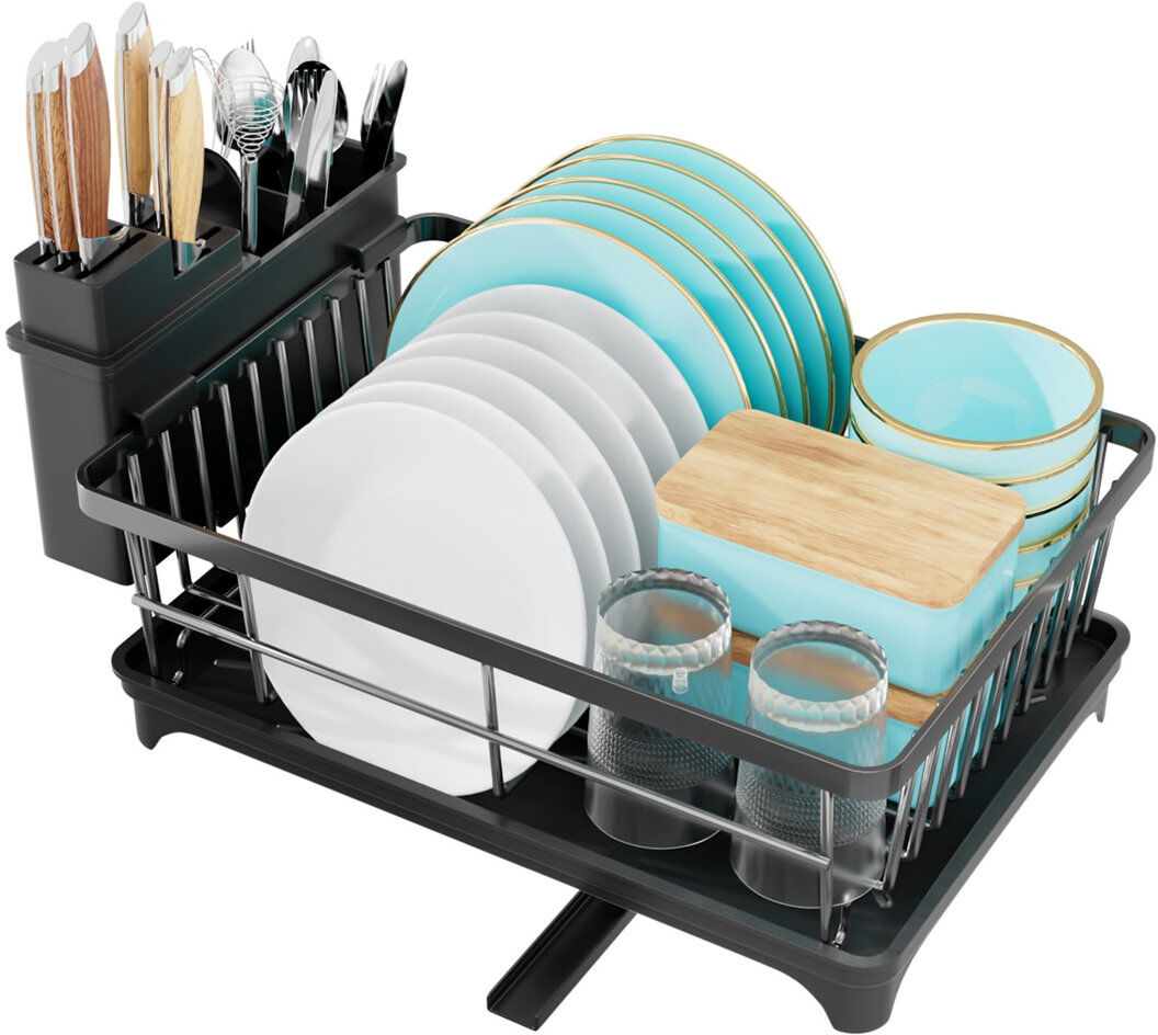 Belfry Kitchen Dish Drainer Rack - Space Saving Dish Rack With Utensil Holder, Dish Drainer Rack For Kitchen Counter, Sink Drainer Rack With Drain Board Rack Matte Black 14.5cm H X 38.6cm W X 28.3cm D