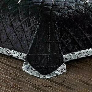 SHAZ HOME New Modern Crushed Velvet Bedspread Quilted Diamond Box Bedding Set With Pillow Shams Black Super King Bedspread+ 2 Standard Shams