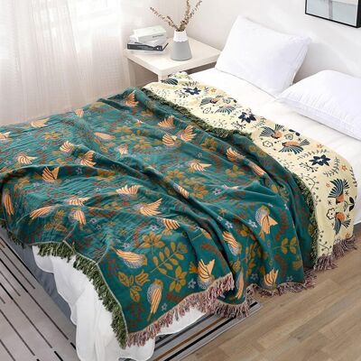 Ooble_Home Cotton Bed Throw with Tassels, Double-sided Bohemian Throws 150X200CM(60x80In) , Green Green 150cm W X 200cm L Ooble_Home Cotton Bed Throw with Tassels, Double-sided Bohemian Throws 150X200CM(60x80In) , Green Green 150cm W X 200cm L