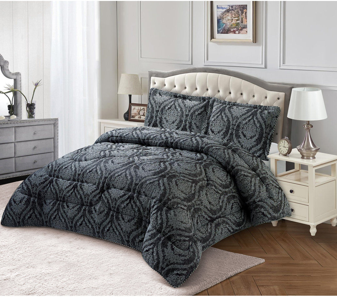 icon bedding 3 Piece Bridal Jacquard Bedspread Comforter Bed Throw with Matching Pillow Shams Black Floral Super King Bedspread + 2 Standard Shams