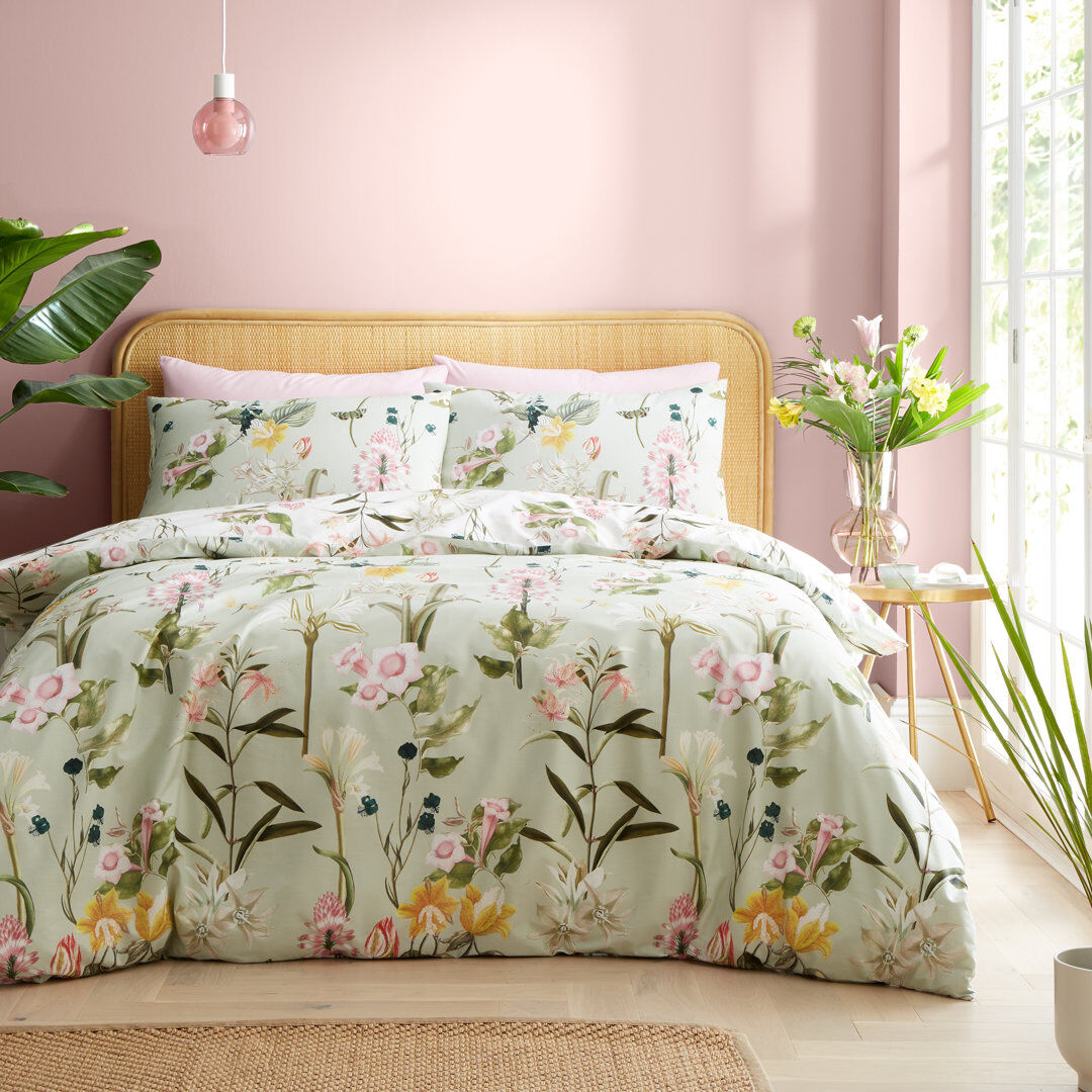 RHS Exotic Floral 200 Thread Count Cotton Reversible D Cotton Duvet Cover Set Green King Duvet Cover + 2 Standard Pillowcases