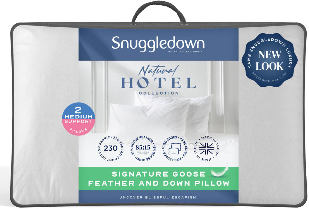 Goose Feather Down Pillow Set 2 Pack Medium Support Back Sleeper 230 TC Cotton Cover Luxurious Hotel Snuggledown White