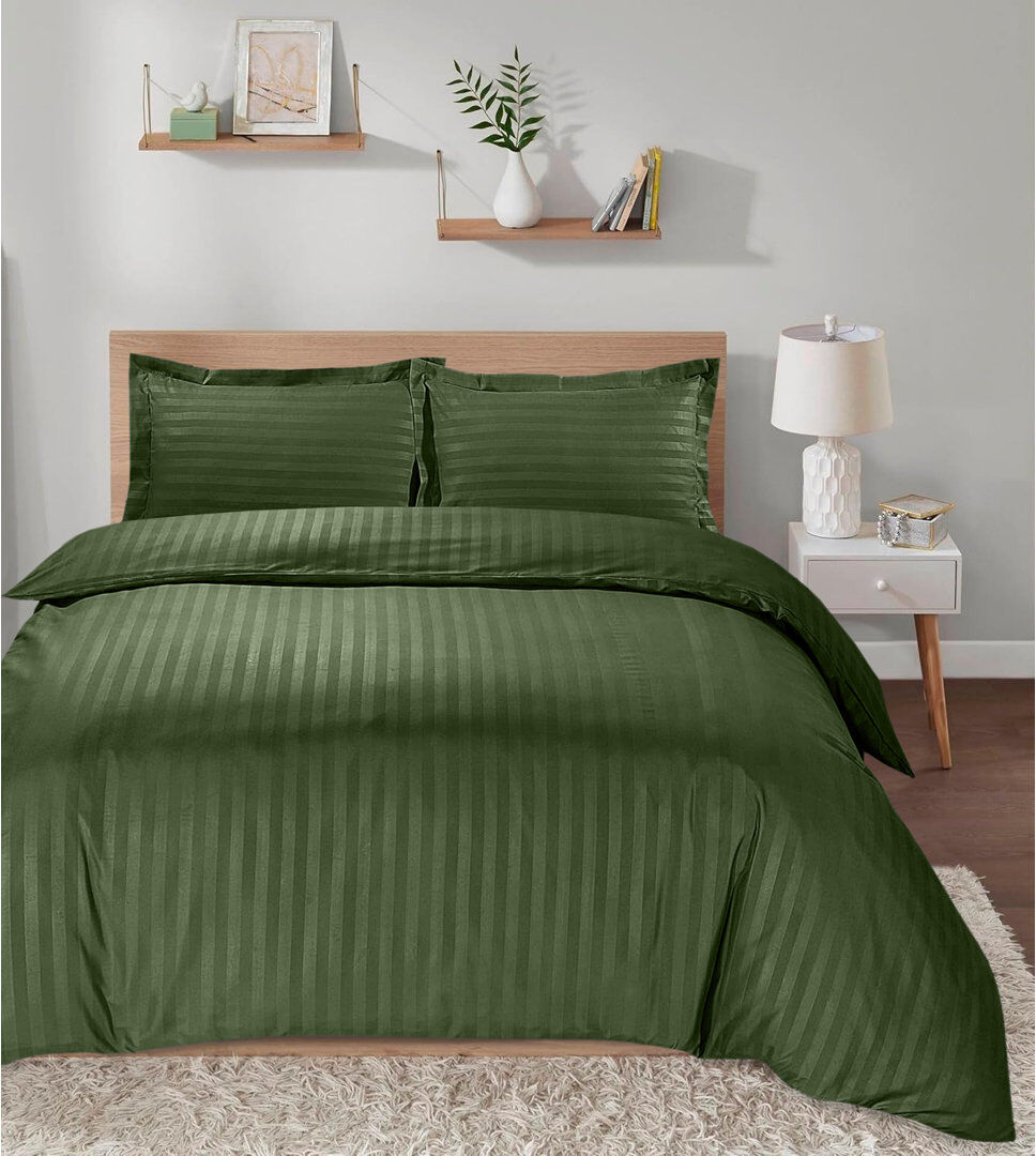 Ameha Microfiber / Polyester Striped Duvet Cover Set with Pillowcases Fitted Sheet Olive Green King Duvet Cover