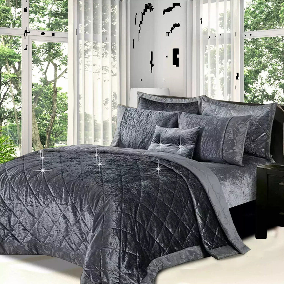 ZASH LONDON Polyester Bedspread Set Dark Grey Super King Quilt + 2 Standard Shams