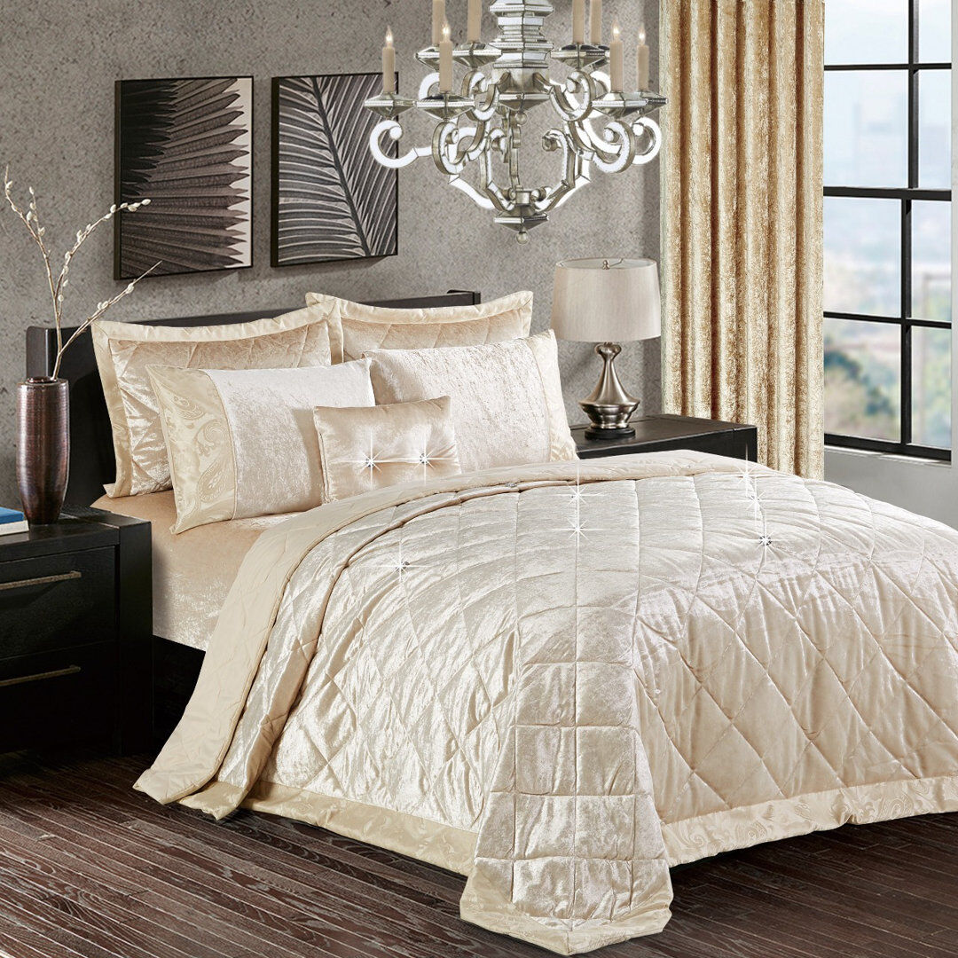 Mercer41 Santiago Crushed Velvet Bedspread Set Premium Soft Microfiber Reverse and Standard Pillow Shams Beige 250 x 250cm Bedspread + 2 Shams