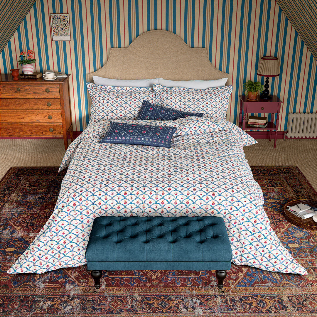 JOULES Floral Scallop Cotton Duvet Cover Set Blue King Size Duvet Cover + 2 Pillowcases