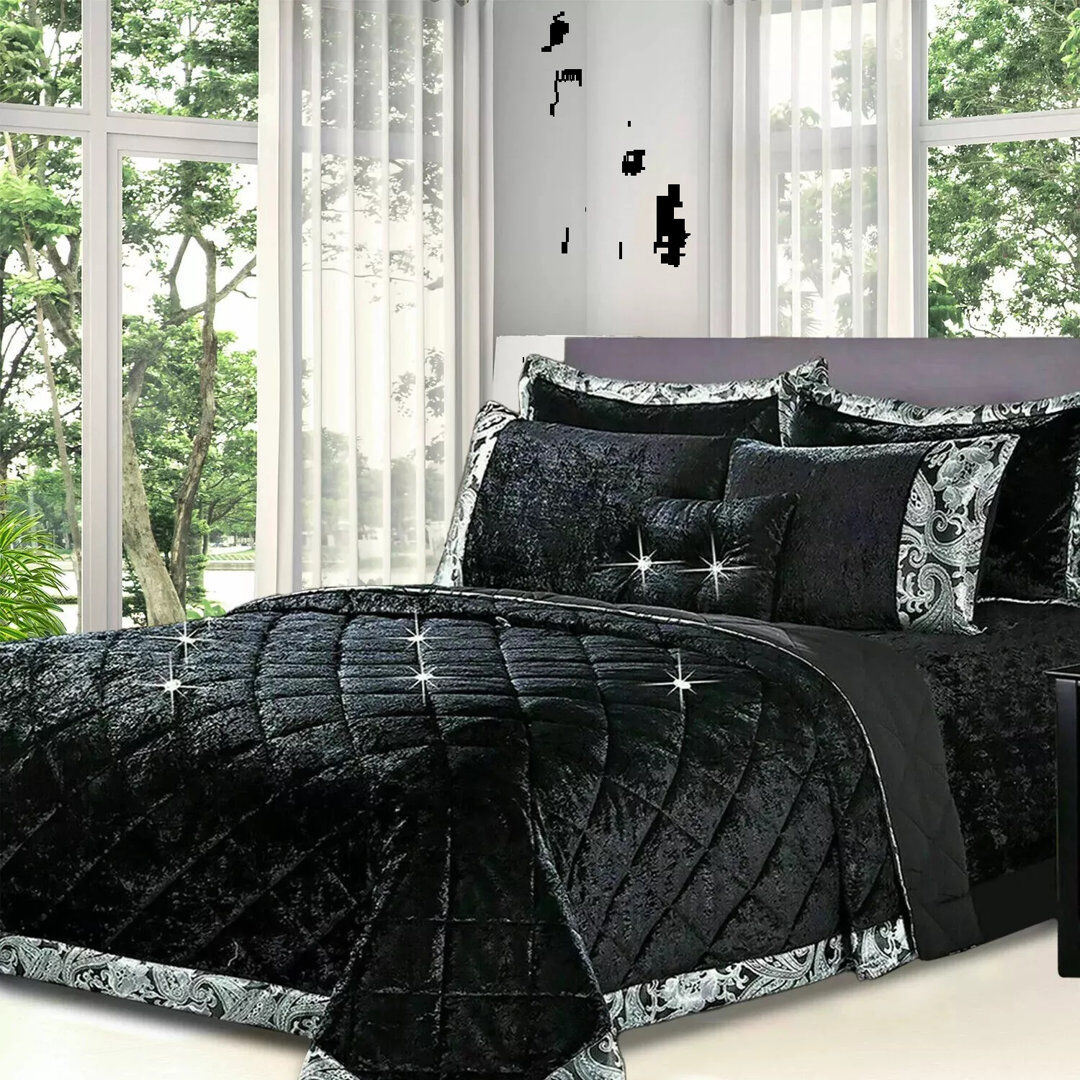 ZASH LONDON Polyester Bedspread Set Black/Grey Super King Quilt + 2 Standard Shams