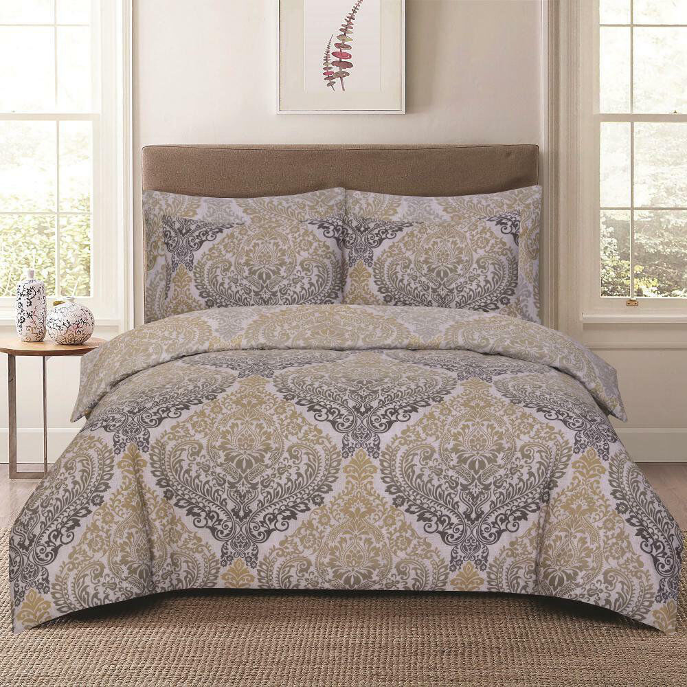 Astoria Grand Complete Bedding Set Cotton Rich Damsk Duvet Cover, Fitted Sheet & Pillowcases Soft, Breathable & Wrinkle-Resistant Damask Ochre 200 x 220 cm - 1 Standard Pillowcase